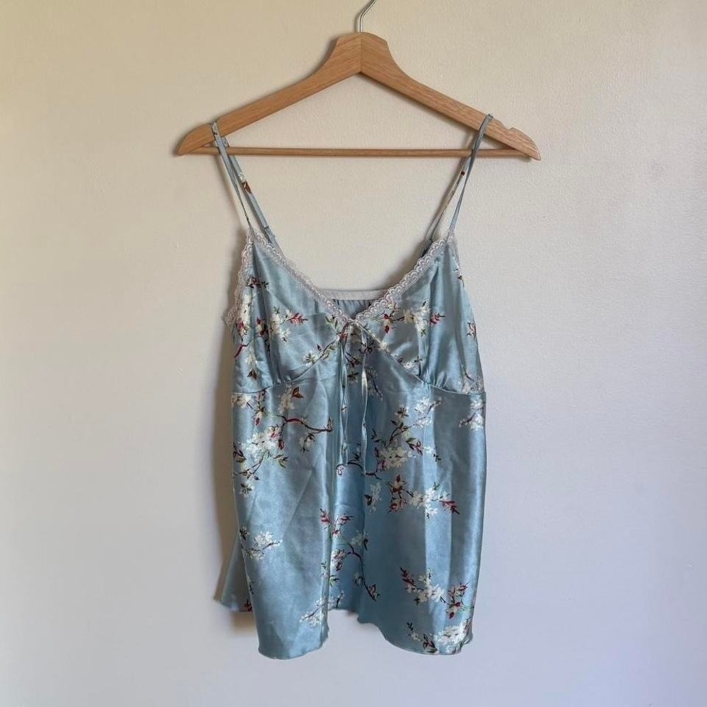 Y2K Baby Blue Floral Satin Cami Top Lace Trim Cottagecore Slip Tank Size L
